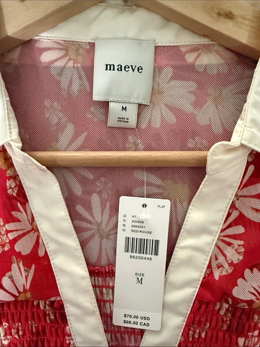 Maeve Red Floral Smocked Peplum Top with Cream Collar, NWT